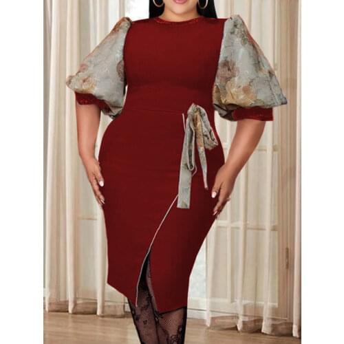 Bodycon Dresses Office Lady Short Lantern Sleeve High Waist Slit Patchwork Evening Birthday Dinner Party Dress with Bowtie New