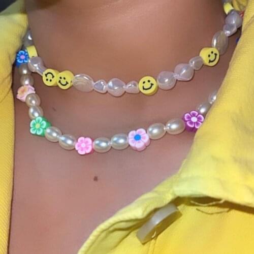 Egirl Aesthetic Pearl Flower Smiley Necklace for Women Y2K Jewelry Harajuku INS Yin Yang Necklace 2000s Fashion Friends Gifts