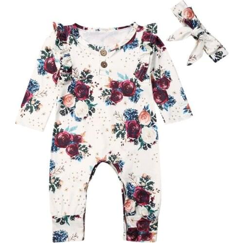 Newborn Baby Girls Clothes Long Sleeve Flower print round neck Ruffle Romper bow Headband 2pc kids Toddler autumn cotton Outfits