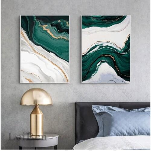 Nordic Style Canvas Painting Wall Poster Abstract Marble Pictures with White Golden and Green Colors for Home Rooms Wall Decorat