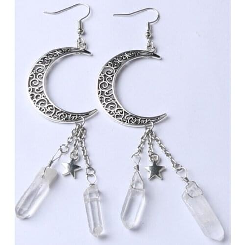 Openwork moon Clear Quartz Crystal Witchy Earrings, Gothic occult Natural Crystal Accessories Jewelry Earrings