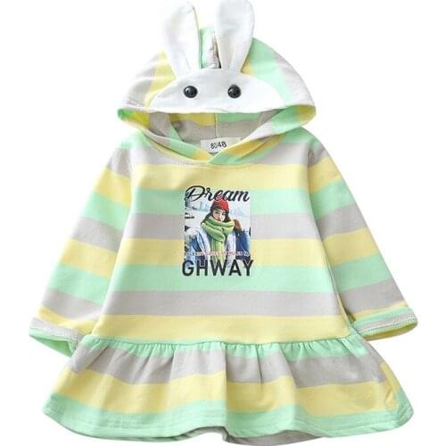 Kids Dresses Hooded Baby Girl Spring Petticoat Color Stripe Printing Casual Cute Rabbit Cotton Soft Full Sleeve Coat Clothes