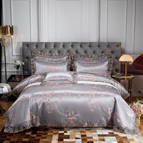 Dropshipping Wedding Duvet Cover Set Golden Jacquard bedding set Lace flat sheet Pillowcase 4pcs European luxury Grey TY07