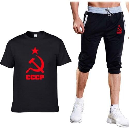 Mens T-Shirt CCCP Russian USSR Soviet Union Print Summer Solid color Mens Short sleeve suits Mens O-neck T-Shirt Pants Suit J