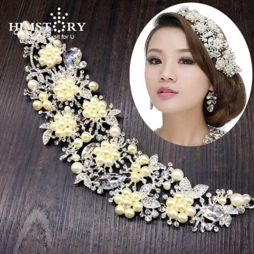 HIMSTORY Gorgeous Handmade Bride Wedding Pearl Crystal Hair Tiaras Queen Princess Crown Wedding Hair Accessories Hairwear