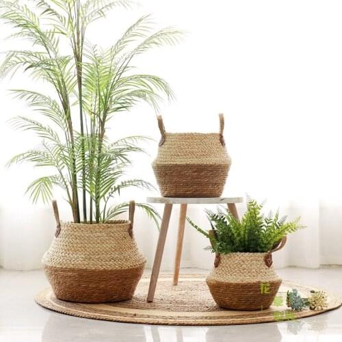 Flower Pot Container Seaweed Straw Crafts Folk Bag Decoration Multifunction Basket Bonsai Decoration Family Flower Storage Boxes