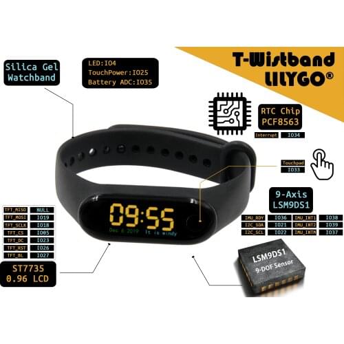 LILYGO® TTGO T-Wristband DIY Programmable Smart Bracelet NRF52832 ESP32-PICO-D4 Main Chip 0.96 Inch IPS Screen Silicone Strap