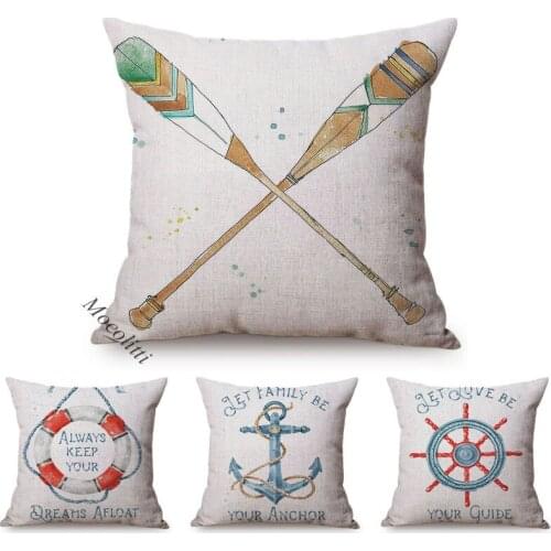 Nautical Style Square Cushion Cover Nordic Water Color Ocean Anchor Cotton Linen Home Decoration Sofa Chair Pillow Cases Cojines