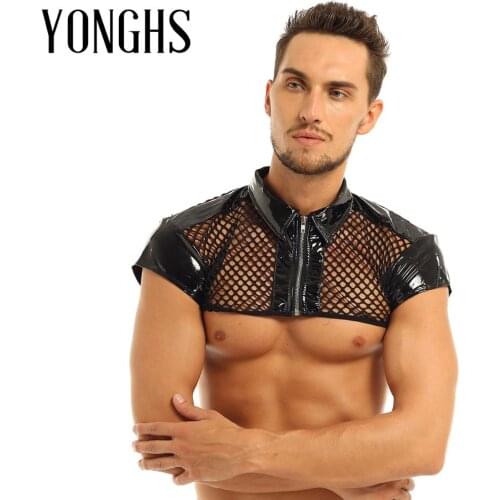 Harness Mens See Through Mesh Fishnet Cap Leather Splice Shoulder Chest Harness Shirt Muscle Clubwear Sex Costume Half Tank Top