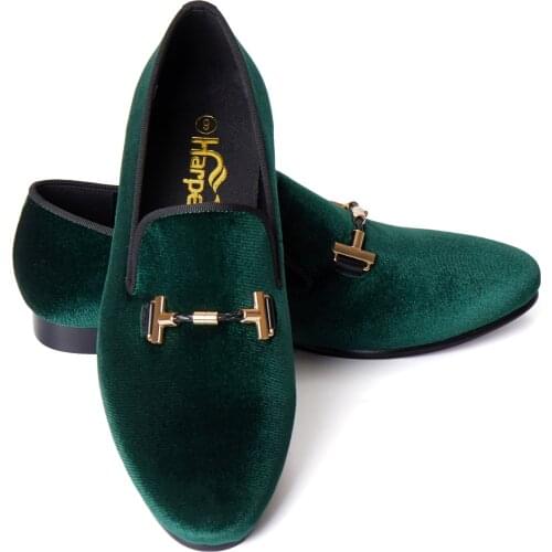 Harpelunde Men Velvet Loafers Green Wedding Buckle Dress Shoes US Size 6-14