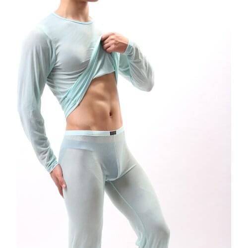 New Fashion Mens Sexy Transparent Gauze Undershirt Utra-thin O-neck See Through Mesh Long Sleeve Fitness T Shirt Men Tees