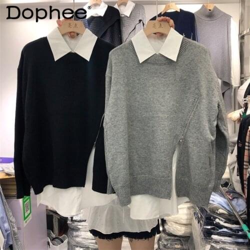 2021 Spring and Autumn New Korean Style Loose Zip Slit Pullover Knited Sweater Basic White Shirt Womens Fashion Two-Piece Sets