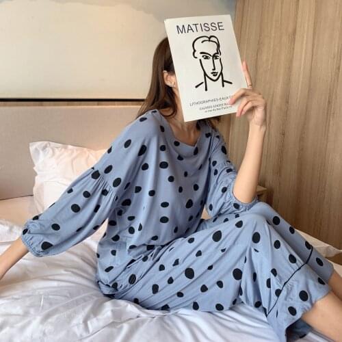 PAJAMAS WOMEN SUMMER SHORT-SLEEVED CROPPED TROUSERS ROUND NECK SPRING AND AUTUMN SWEET CAN BE WORN OUTSIDE LARGE SIZE THIN HOME