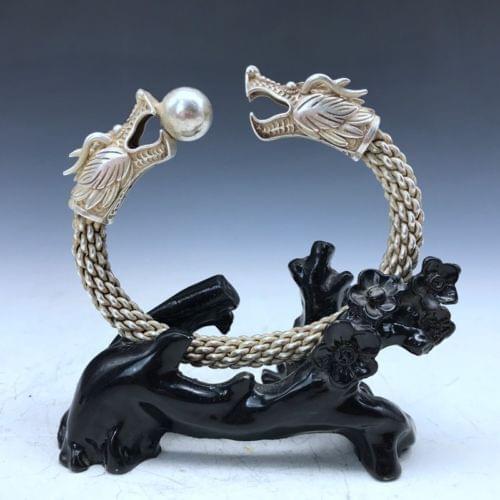 Selling Jewelry>>>Chinese ancient miao silver bracelet handmade double dragon play bead image