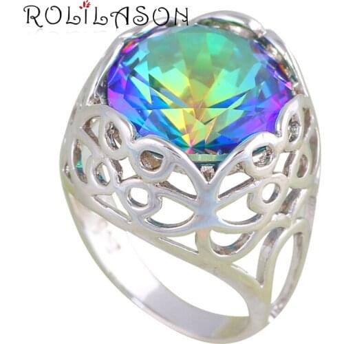 ROLILASON Trendy Rainbow Mystic Zircon silver color Stamped Rings USA Size#6 #7 #8#9 JR2136 Best Engagement Gifts