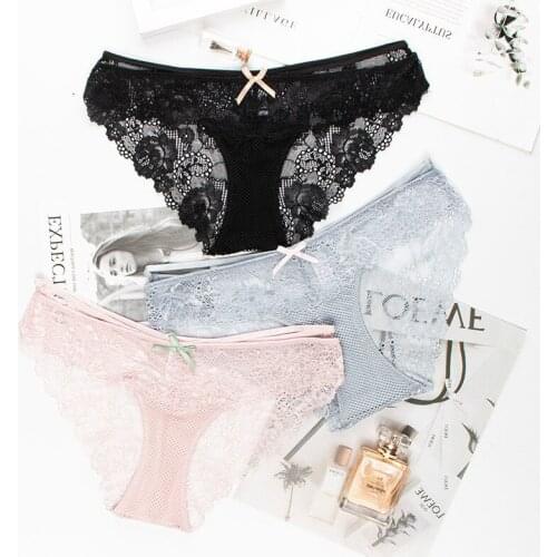 Roseheart Women Fashion Blue Pink Cotton Lace Trim Bow Low Waist Panties Underwear Lingerie Briefs 3 Piece 3 Color Underpants