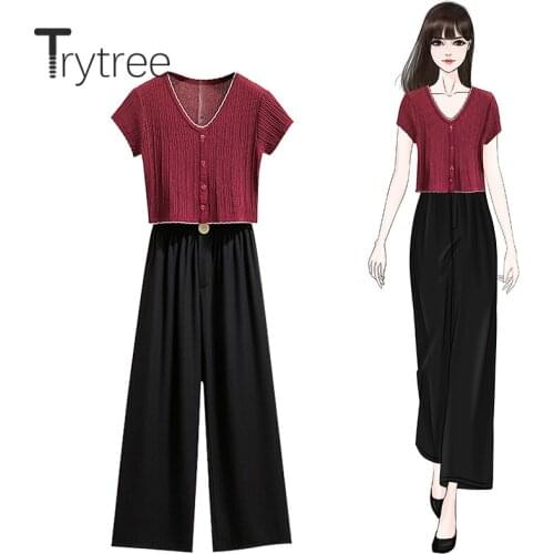 Trytree 2020 Summer Women two piece set Casual V-neck knitting Button Top + Pants Solid Wide leg pants Fashion 2 Piece Set