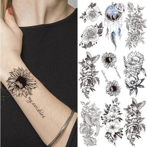 3D SunFlower Temporary Tattoos For Women Girls Dreamcatcher Rose Fake Peony Tatoos Dahlia Daffodil Sexy Black Tattoo Sticker