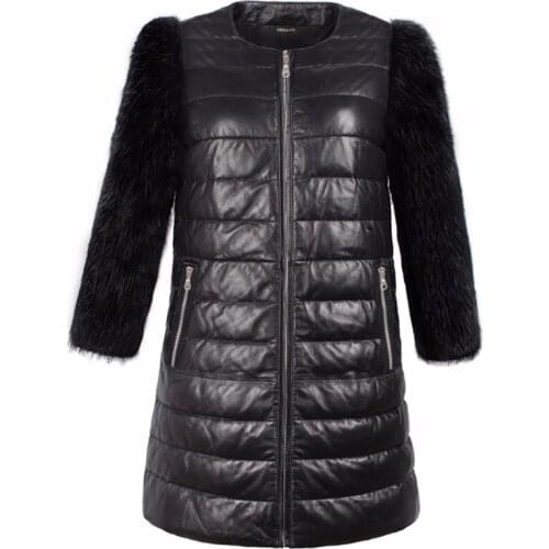 PU Leather Winter Jacket Women Patchwork Fur Coat Female Long Slim Solid Female Jackets Zip Fur Collar Women Jacket