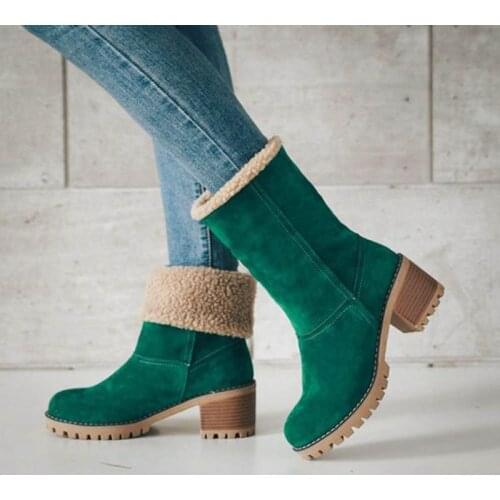 Women Boots Winter Leather Thick Heel Ankle Boots Ladies Warm Plush Square Heel Snow Boots Female Footwear Plus Size Shoes