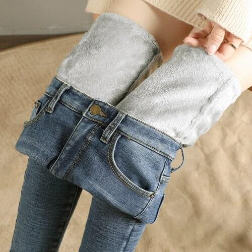 Womens High Waist Jeans Plus Velvet Oversized Womens Pants Cotton Korean Denim Trousers Winter Retro Pencil Pants Woman Jeans