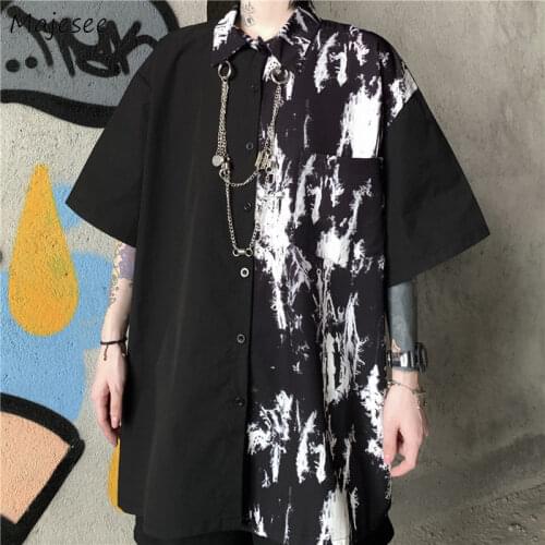 Fashion Shirts Women Summer All-match Korean Style Tie Dye Chain Vintage Harajuku Hip Hop Simple Turn-down Collar Female Tops