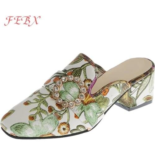 Women Slides Slip-On Print Crystal Buckle Block Heel Sandals Female Mules Fashion Elegant Ladies Slingbacks Womens Shoes 2021
