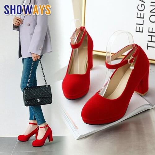 2020 Women Platform Pumps 7.5cm High Block Heel Black Flock Pleuche Casual Party Office Lady Spring Red Bottom Ankle Strap Shoes