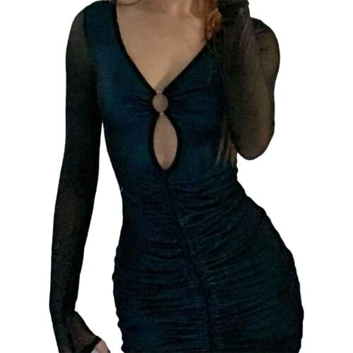 Summer Womens Dress 2021, Female Solid Color Casual Long Sleeve V-neck Skinny Fashion Ring Hollow Drawstring Short Clothes