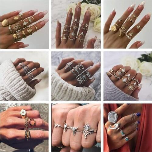 2021 Women Ring Bohemia Crown Shell Flowers Snake Heart Hollow Geometric Animal High Quality Rings Sets Women Men Party Jewelry