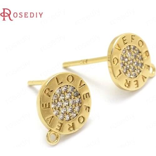 C428)4 pieces 8mm 24K Gold Color Brass and Zircon + 925 Sterling Silver Pins LOVE FOREVER Stud Earrings Jewelry Making Supplies