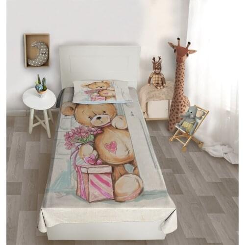 Çocuk odası yatak örtüsü ayıcık gül kalp kutu çiçek