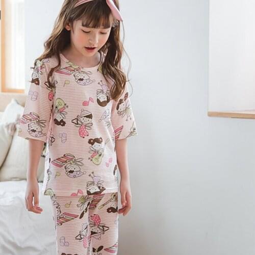 Children cotton boys girls short sleeve shorts white summer home round neck cartoon printed pajamas on sale 61007