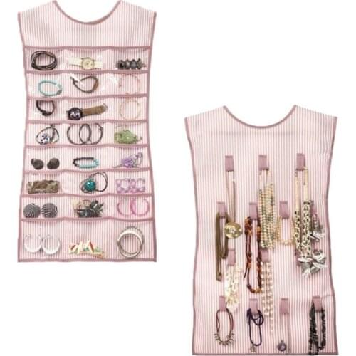 Double Sided Jewelry Organizer Pink Striped Dress Shaped Jewelry Storage Earring Ring Necklace Holder