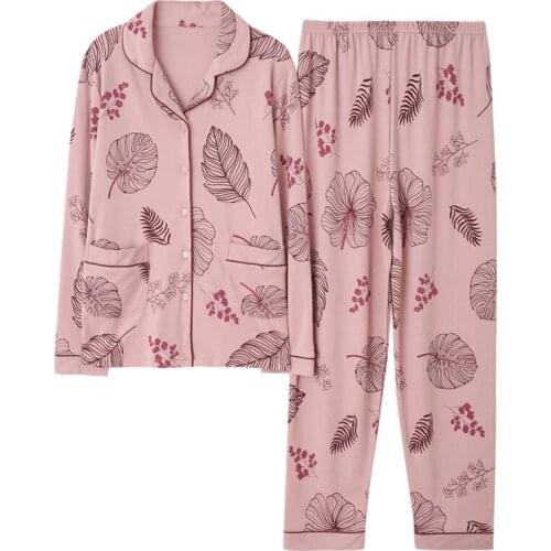 Elegant Women Autumn&Winter 100% Cotton Pajama Suit Long Sleeve Leaf Printting Loose Home Suit Plus Size Pajamas Set XL XXL XXXL