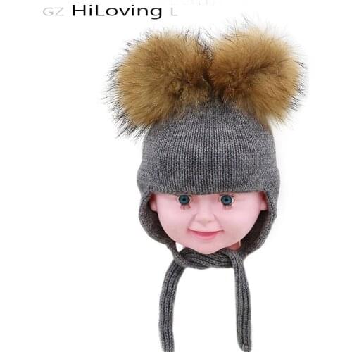 GZhilovingL 1-8 month Baby Winter Double Real Fur pom pom Knit Hat Cap Boys Girls Soft Warm Wool Earflap Skullies Beanies Hats