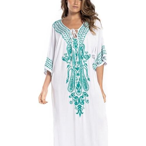 Cotton Pareo embroidered blouse strand Tunic Cover up Women Beachwear kaftan Maxi Dress Rode Sarong Swimsuit holiday robe plage