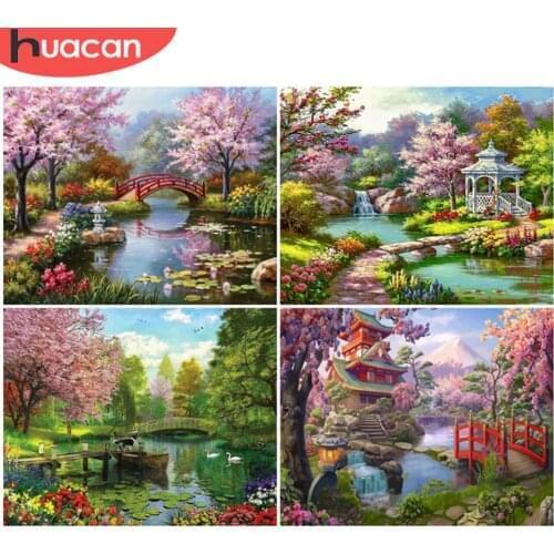 HUACAN Coloring By Number Bridge Scenery Handpainted Wall Art Painting By Numbers Canvas Cherry Flower Kits Room Decoration