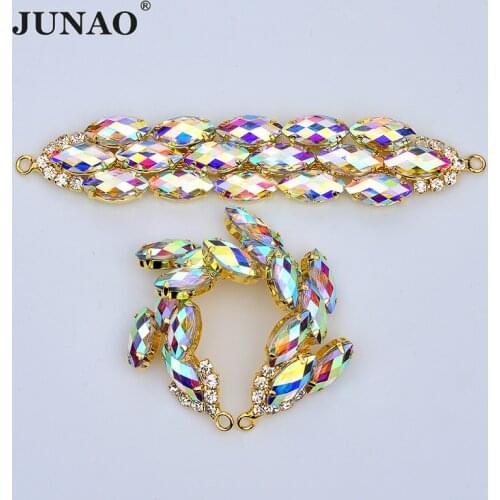 JUNAO 2pcs 20x100mm Crystal AB Glass Rhinestone Chain Trim Bikini Crystal Connectors Gold Claw Crystal Applique for Crafts