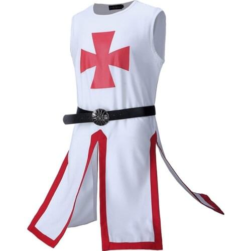 Medieval Renaissance Knight Tops Cosplay Costume Halloween Men Vest Shirt Templar Crusader Tops + Black Belted Suit C55M271