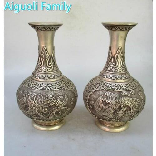 Collectible 1 Pair of Chinese Ming/Qing Dynasty Decorated Old Handmade Tibet Silver Big Dragon Vase/Antique Metal Vase 0005