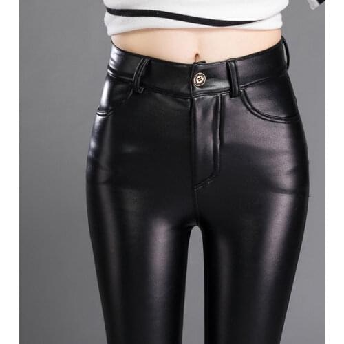 2021 Causal Women Leather Pants Female High Waist Skinny Warm Thicken Pants Trousers Leggings Ladies Tight Trouser Clothing H641