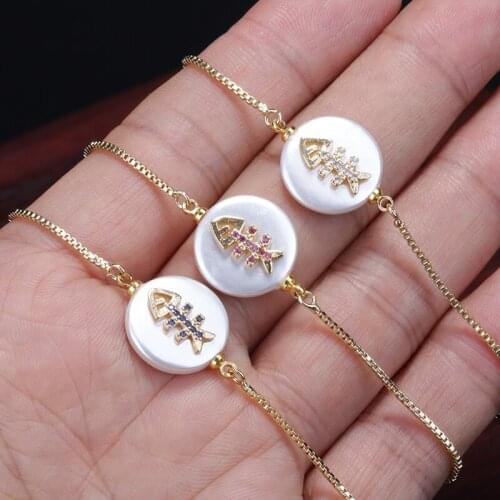 Micro paved deep blue white purple red cz gold fish charm round pearl bead connector thin link bracelets for woman jewelry gift
