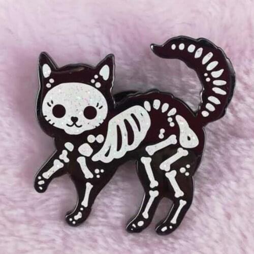 Cute skeleton cat with glitter lapel pin perfect Halloween decor