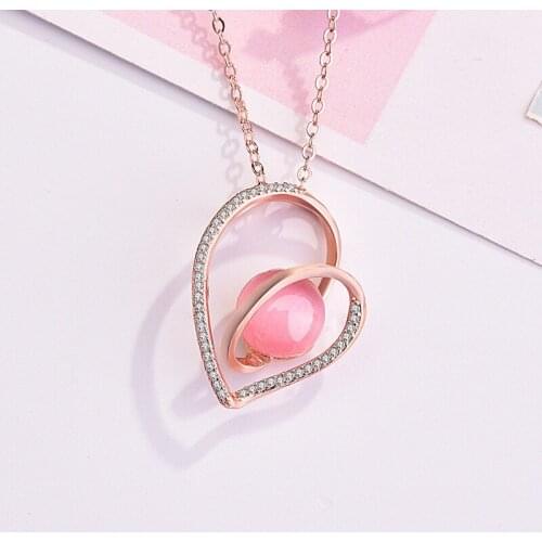 Fashion Hollow Heart Pendant Necklace With Pink Opal Rose Golden Romantic Fine Jewelry For Women Wedding Engagement Party Gifts
