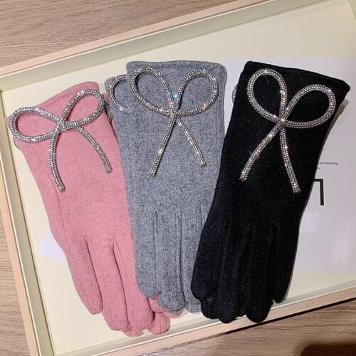 Fashion Elegant Womens Phone Gloves Winter Female doulbe warm Wool mittens ladeis Rhinestone Bow Full finger Guantes Gift