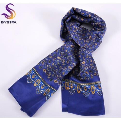 [BYSIFA] 2016 Winter New Men Blue Long Scarves Printed Fashion Brand Apparel Accessories Male Pure Silk Scarves Printed