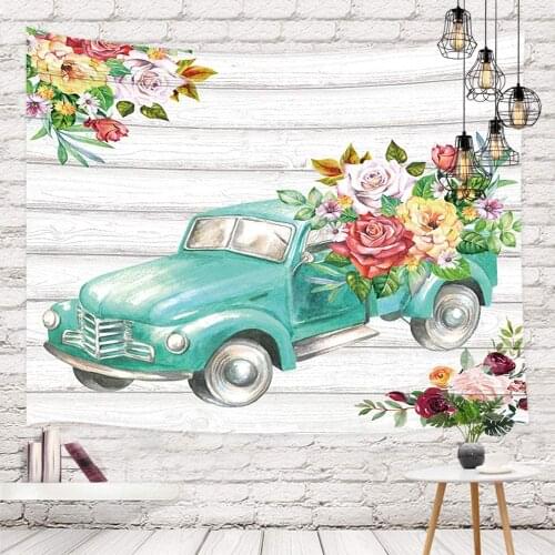 Valentines Day Spring Fall Flower Tapestry Wall Hangings Retro Teal Truck Car with Rose Flower on Rustic Farm Wooden Panel