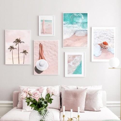 Palm Trees Shell Starfish Beach Surfboard Girl Wall Art Canvas Painting Posters And Prints Wall Pictures For Living Room Decor