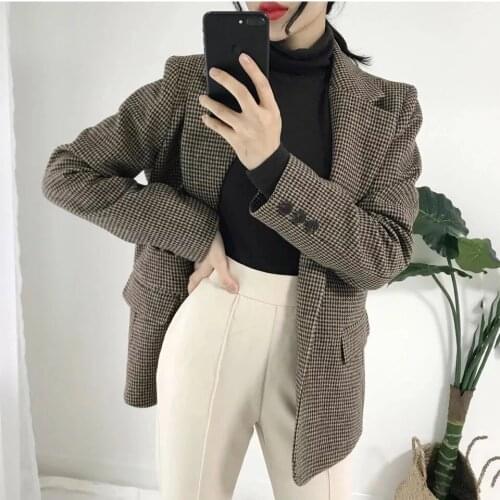 Winter clothes women jacket Korean long blazer loose woolen suit jacket women Plaid blazer feminino women blazers and jackets
